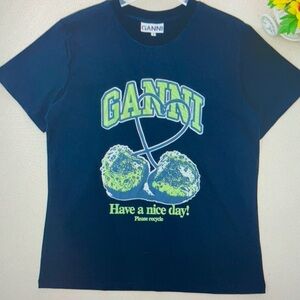 Ganni new black Green cherry print round neck loose short sleeved